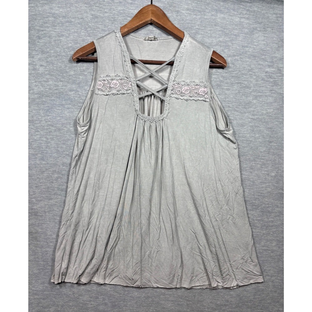 POL Clothing‎ Green Lace Strappy V-Neck Sleeveless Boho Flowy Tank Top L